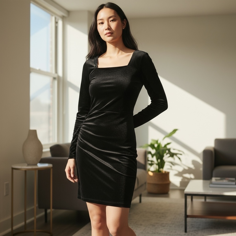 INC International Concepts Black Velvet Ruched Dress – Size M NWT